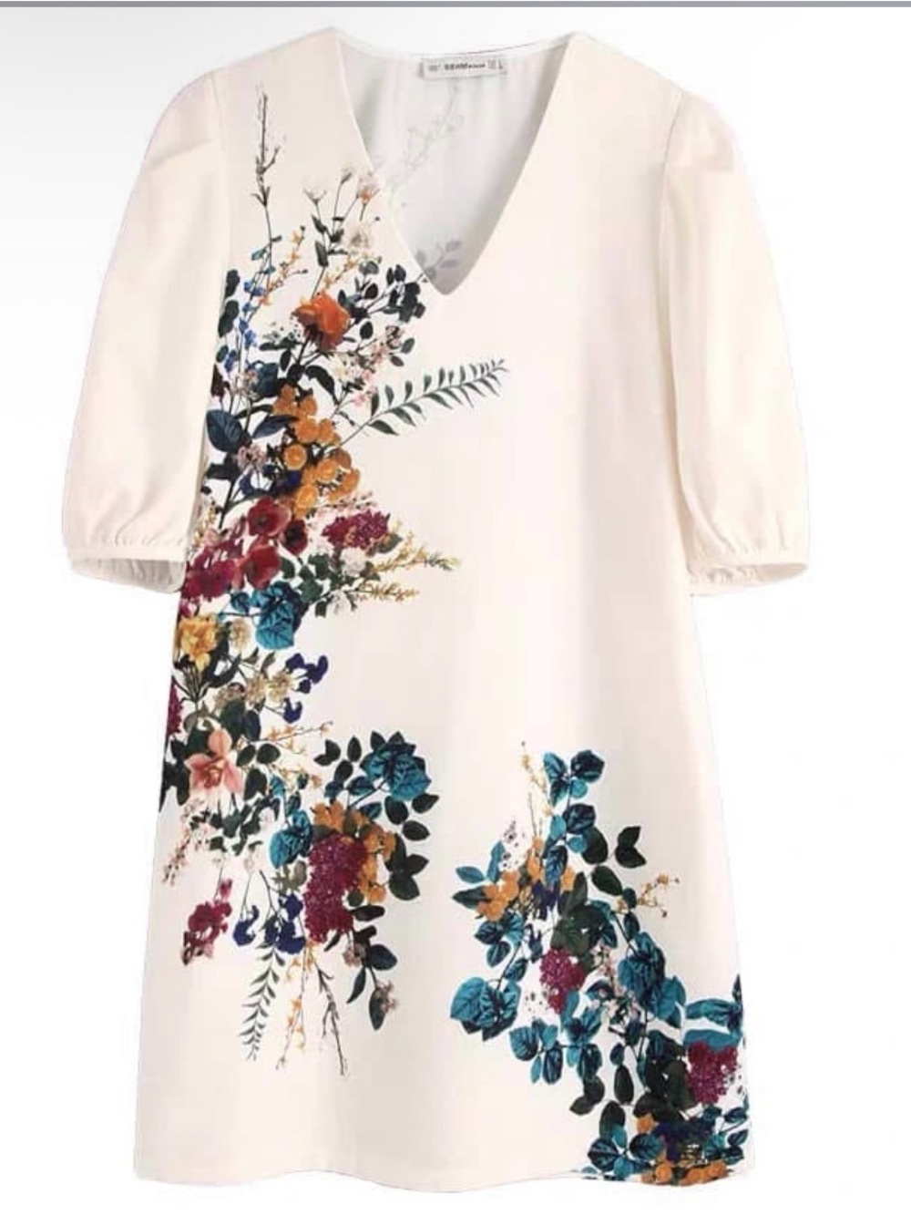 Zara White Botanical Floral Shift Dress Pockets V-Neck Small